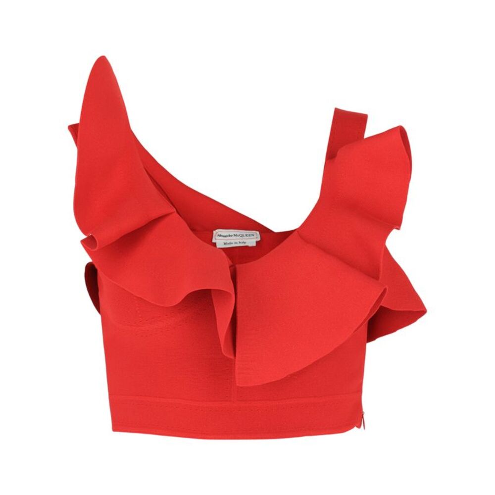 Alexander McQueen Ruffled Asymmetrical Cropped Top Red Womens